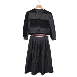 Vintage Handmade 80s Retro 2 PC Blouse & Skirt Set  Black Gray Wool Blend